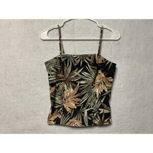Be Smart Tank Top Womens Small Black Green Brown Leaf Print Strap Lined USA Y2K